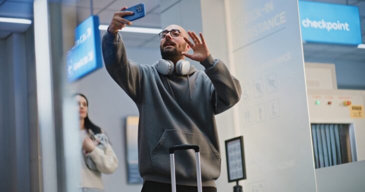 Traveler using mobile data while recording a video at the airport terminal