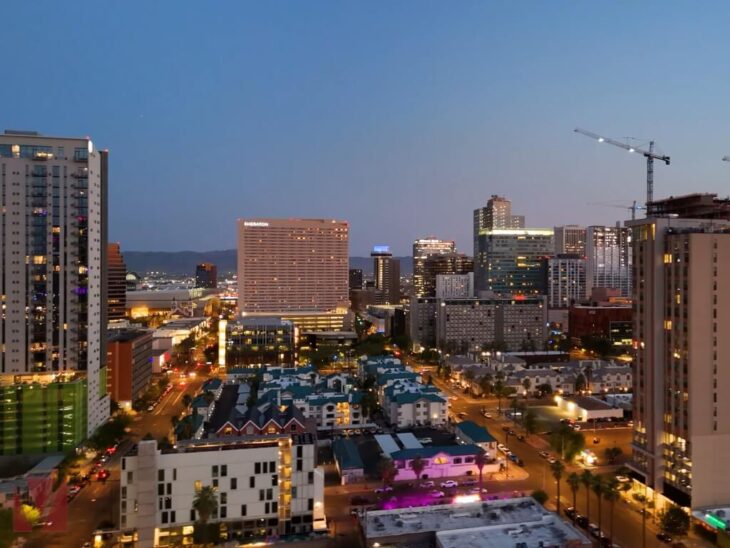Evening cityscape of Phoenix, Arizona, showcasing its growing skyline and vibrant urban life.