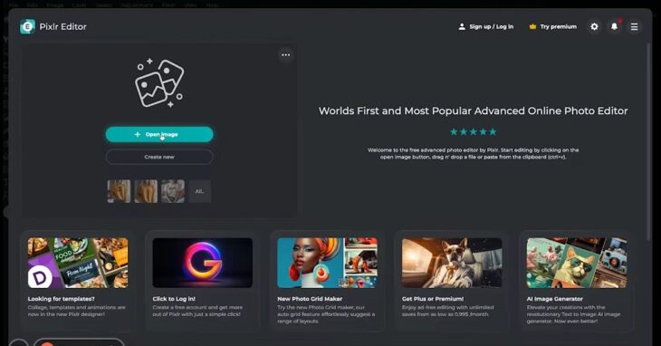 Pixlr online photo editor homepage with options to open an image or create a new project