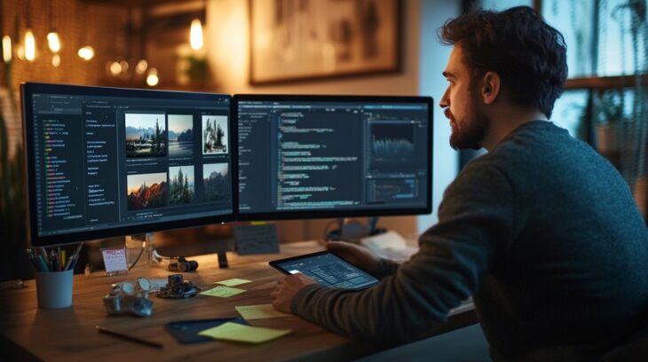 Freelancer coding and editing visuals on dual monitors and a tablet