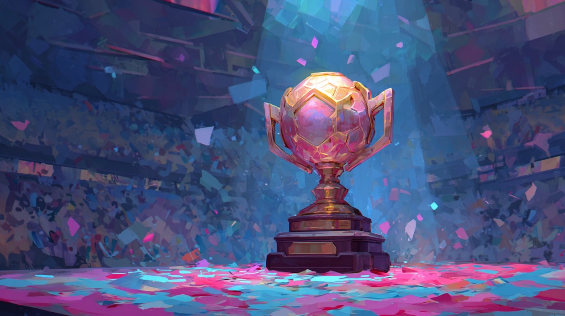 A stylized trophy on a confetti-covered stage with a cheering crowd in the background at an esports arena