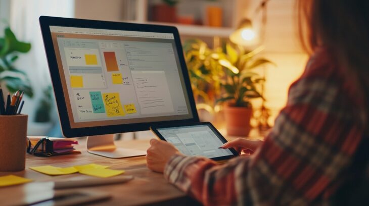 UI/UX freelancer designing digital interfaces on a tablet and computer