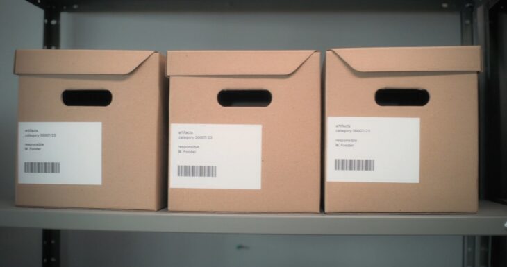 Organized cardboard boxes labeled and stored neatly on a warehouse shelf for inventory management