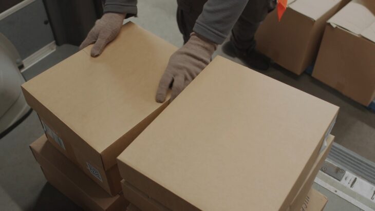 Worker placing cardboard boxes inside a delivery van, ready for dispatch and local delivery