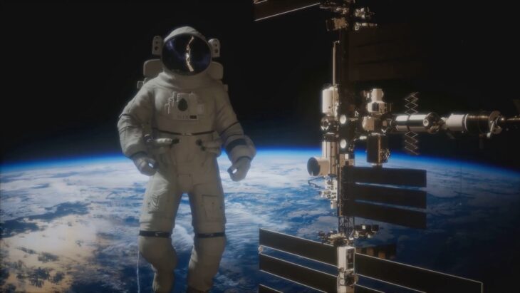 Astronaut floating near a space station above Earth, representing future possibilities in space tourism
