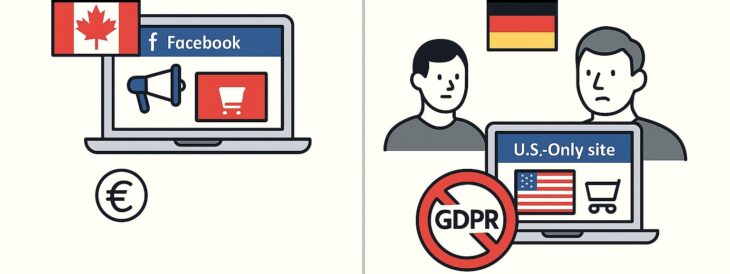 Illustration contrasting legal online targeting in Canada with restricted access for EU users due to GDPR rules