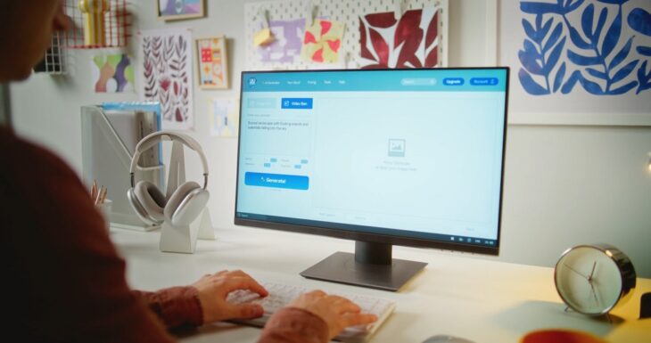 Person working on a sleek desktop interface in a colorful home office setup