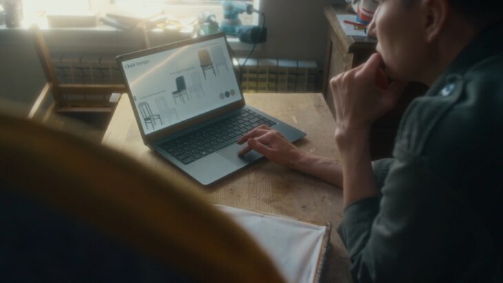 Designer reviewing chair models and writing product descriptions on a laptop in a creative workspace