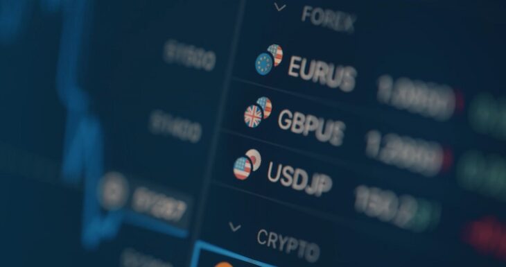 Foreign exchange trading platform showing major global currency pairs