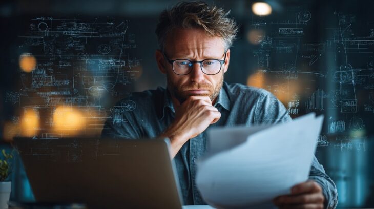 Businessman analyzing documents at night in a tech-driven office, considering renting options