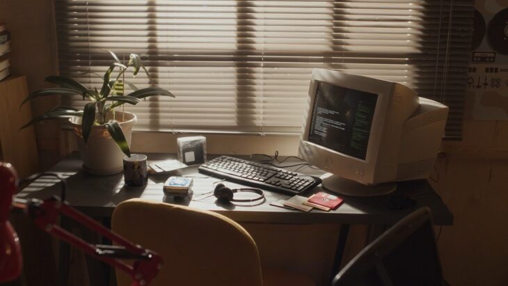 Vintage office setup with outdated desktop computer, symbolizing the downsides of not renting updated tech