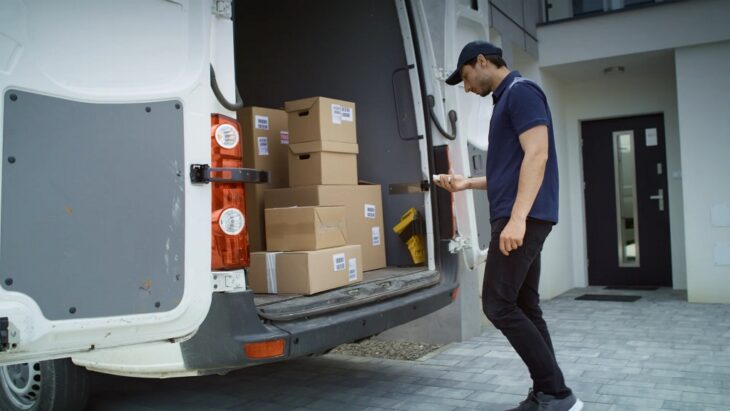 Rideshare delivery driver organizing packages for drop-off