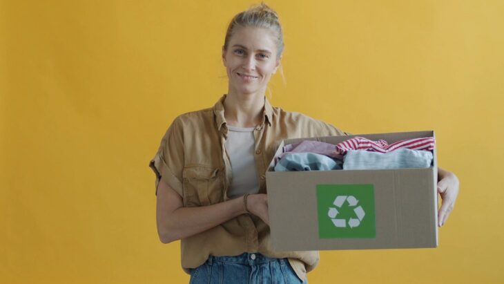 Woman holding a recycled clothing box showcasing sustainable retail practices