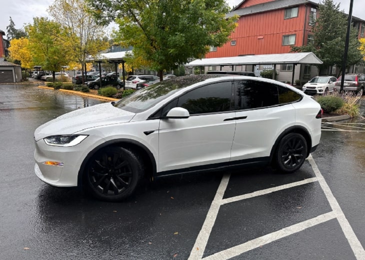 White Tesla Model X parked in a residential area on a rainy day