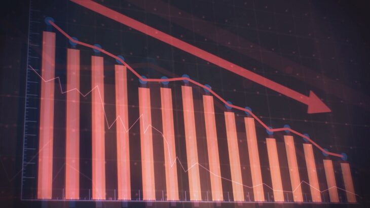 Stylized bar chart showing a significant market downturn with a red arrow indicating decline