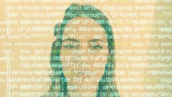 Overlay of retail system code on a woman’s face symbolizing the human side of retail automation