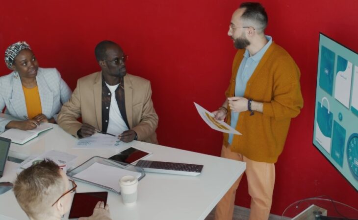 Diverse team engaged in a productive business meeting