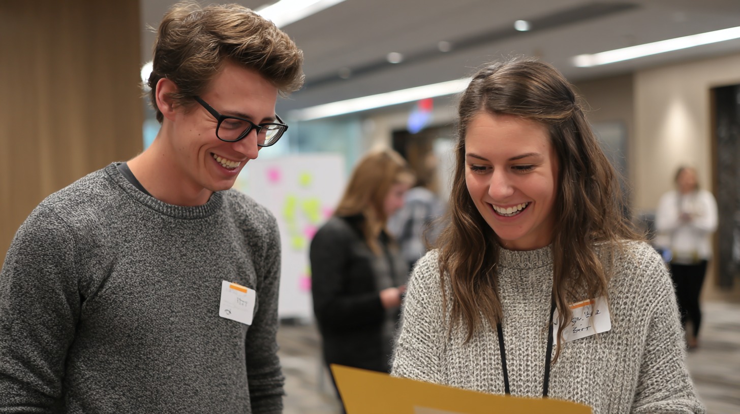 Two smiling people reviewing a document together during a collaborative workshop