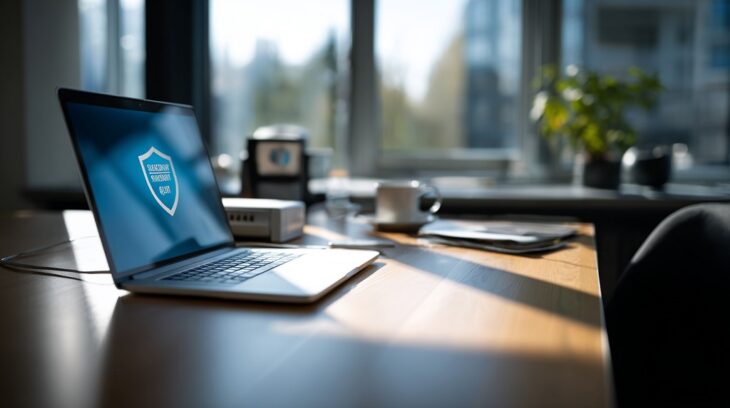 Small business employee enabling multi-factor authentication on a laptop, with phishing warning on screen and offline backup drive nearby