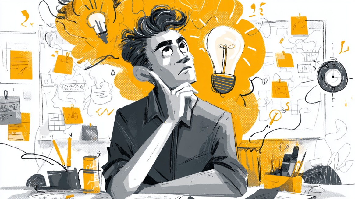 Illustration of a person deep in thought with light bulbs representing new ideas in the background