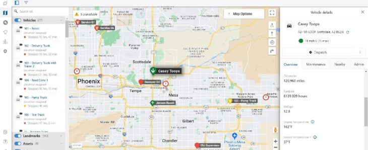GPS Insight fleet tracking dashboard with live vehicle map around Phoenix, AZ, showing vehicle status and driver details