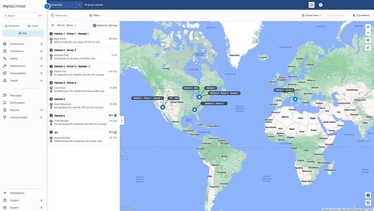 Screenshot of Geotab interface with driver statuses, vehicle locations, and worldwide GPS tracking