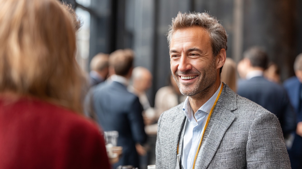 People in business attire smiling and conversing at a networking event
