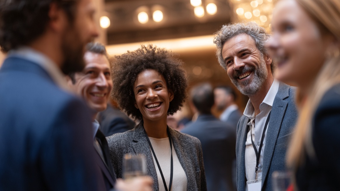 Group of professionals networking at a formal event, smiling and conversing with drinks in hand
