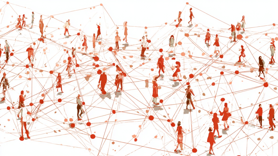 Illustration of people linked by a web of interconnected lines and nodes, symbolizing networking