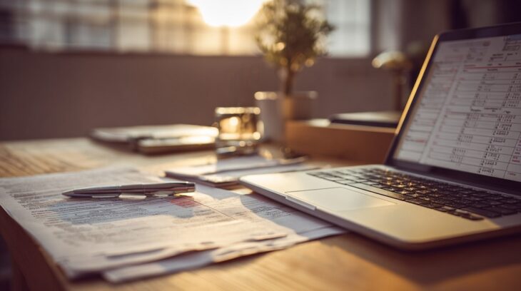 Business owner reviewing payroll tax deadlines on a laptop, calendar and documents on desk, highlighting risks of late deposits and IRS penalties
