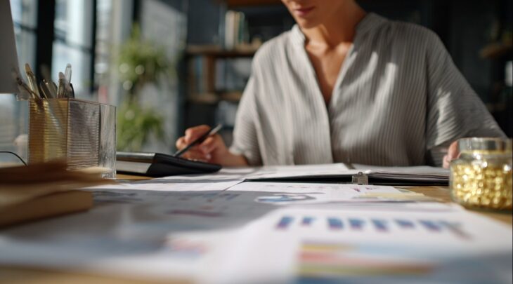 Small business owner reviewing pricing charts and invoices, showing how ignoring hidden costs like benefits, card fees, and supplier increases erodes margins