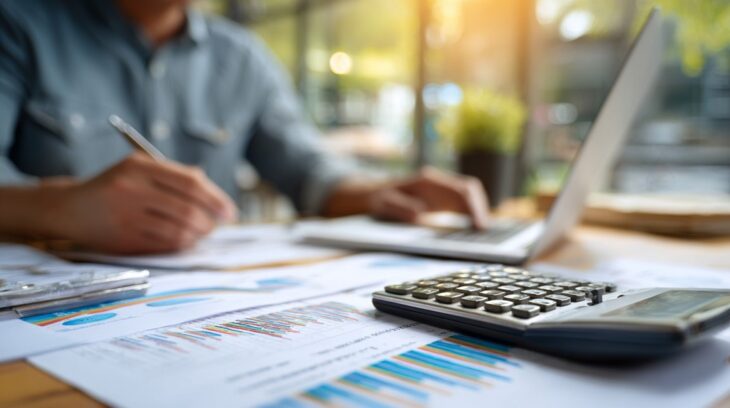 Small business owner reviewing cash flow forecast, papers showing only 2–4 weeks of cash buffer, calculator and laptop on desk