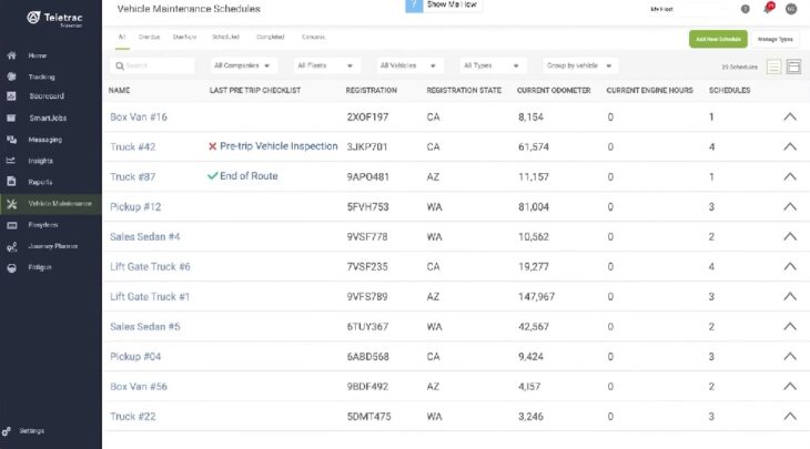 Vehicle maintenance scheduling view in Teletrac Navman for trucks, vans, and sedans