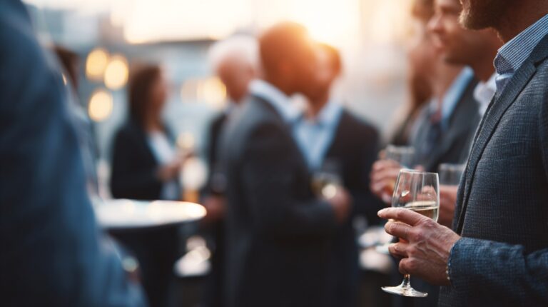 Business professionals networking at a hybrid event, holding drinks and engaging in conversation