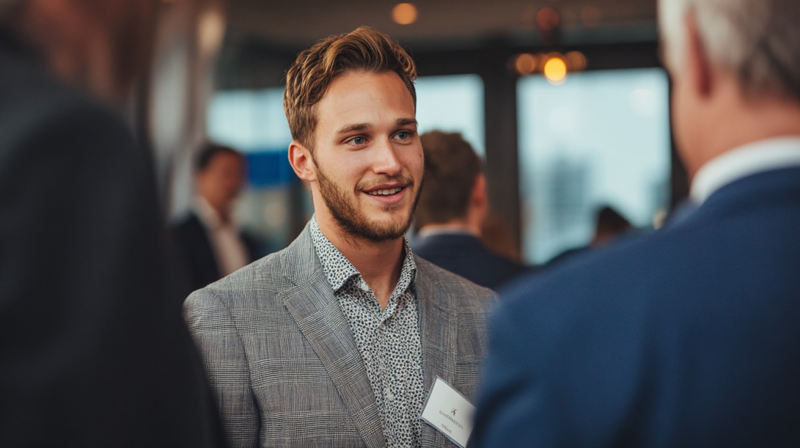 A young man in a gray checkered suit jacket smiles while networking at a professional event, speaking to another attendee in a blurred indoor setting