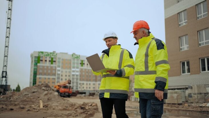 Two construction workers in reflective jackets and helmets use a laptop at a construction site, illustrating automated tracking of change orders