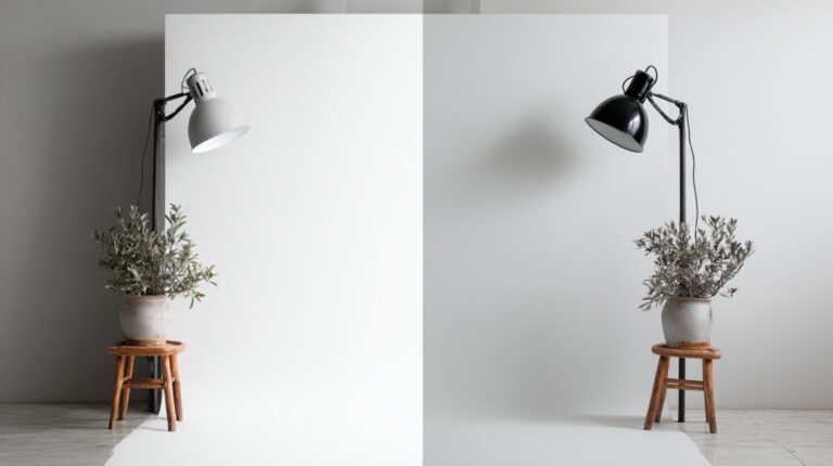 Photography setup with two different backdrops: white on the left and gray on the right, each with a potted plant and studio lamp