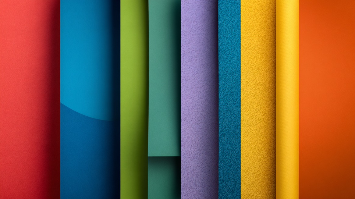 Rolls of colorful paper backgrounds in red, blue, green, purple, yellow, and orange for product photography