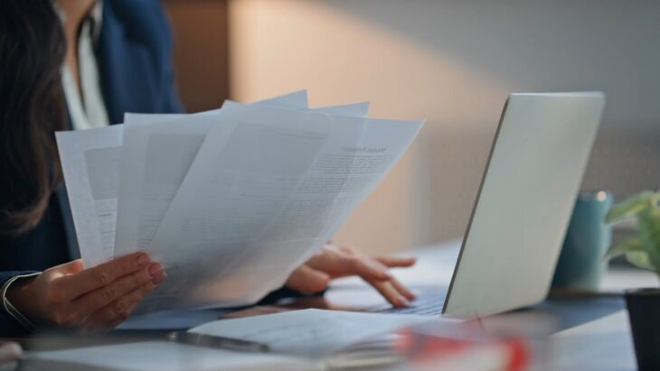 A woman in an office reviews paperwork and inputs data on a laptop, representing administrative challenges that slow down invoicing