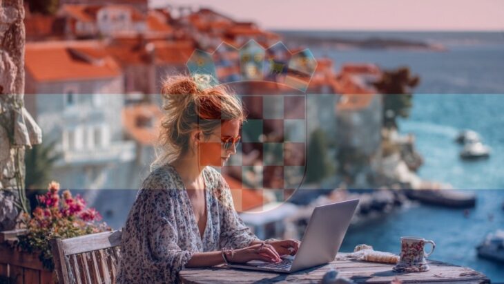 Female freelancer working on a terrace with the Adriatic Sea and Dalmatian rooftops in view