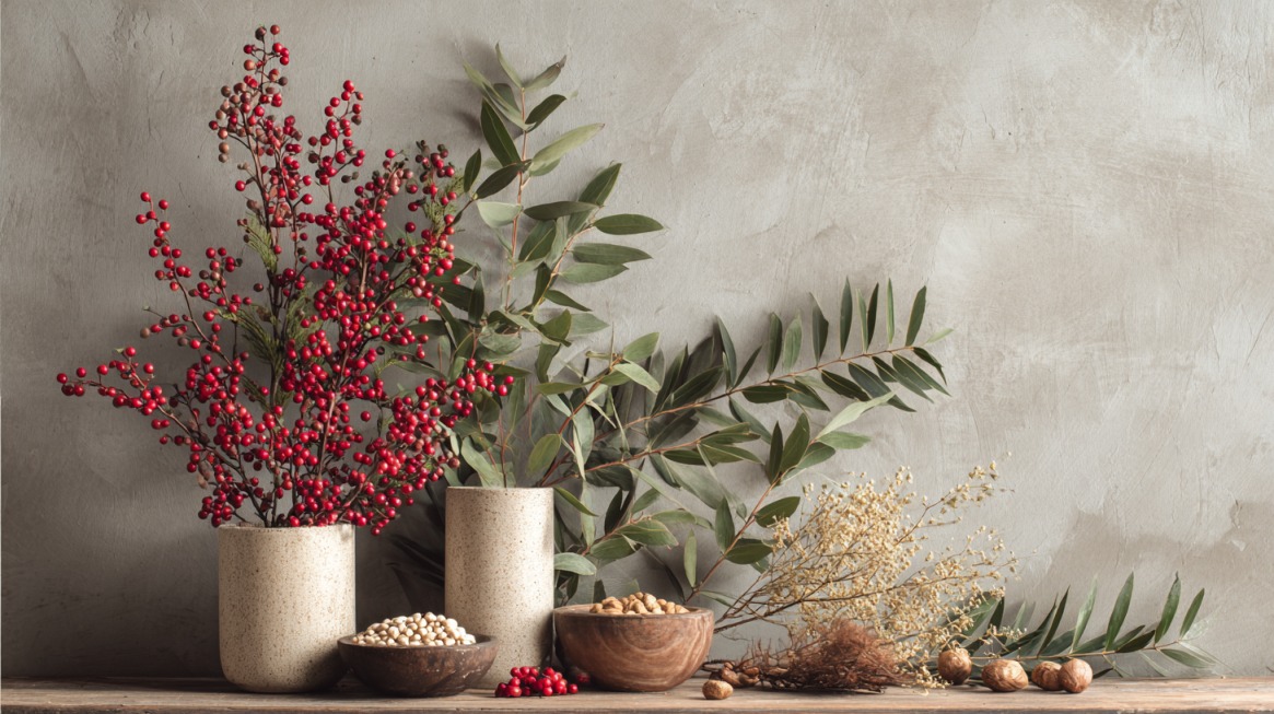 Seasonal DIY product photography background with textured wall, vases of red berries, green leaves, nuts, and rustic wooden surface