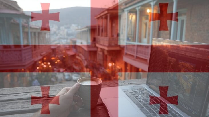Freelancer with a coffee cup and laptop, colorful Tbilisi balconies glowing in the evening light