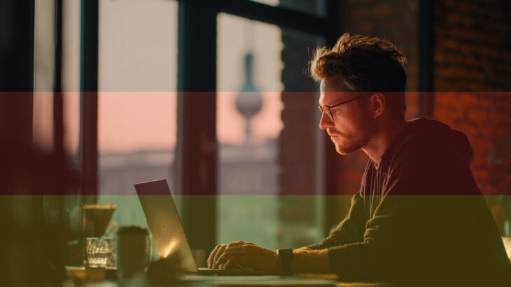 Male freelancer working on a laptop in a Berlin coworking space, industrial loft design with the Berlin TV Tower visible through the window