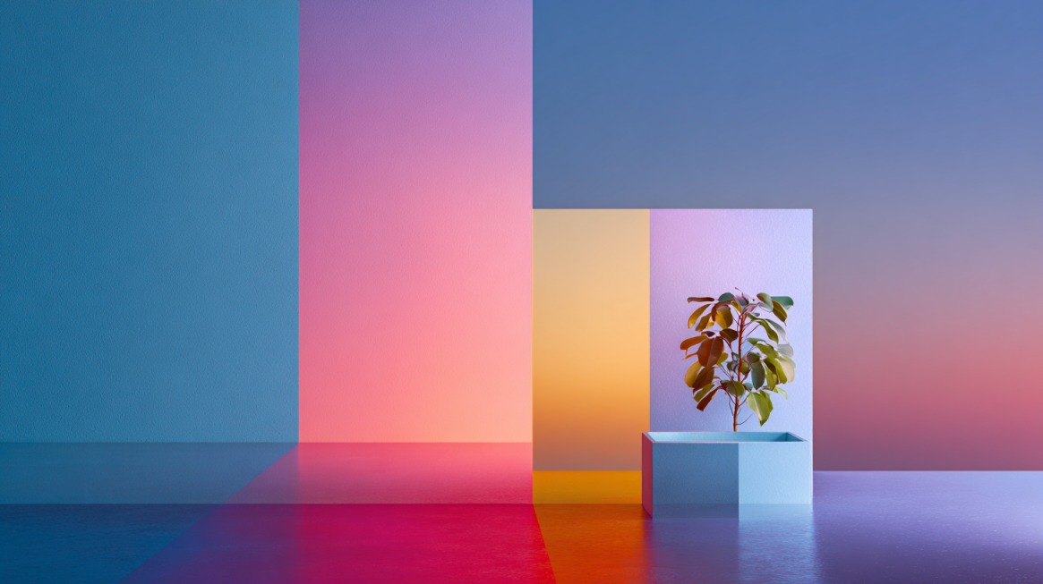 Colorful gradient background with shades of blue, pink, purple, and orange used in product photography with a plant in front