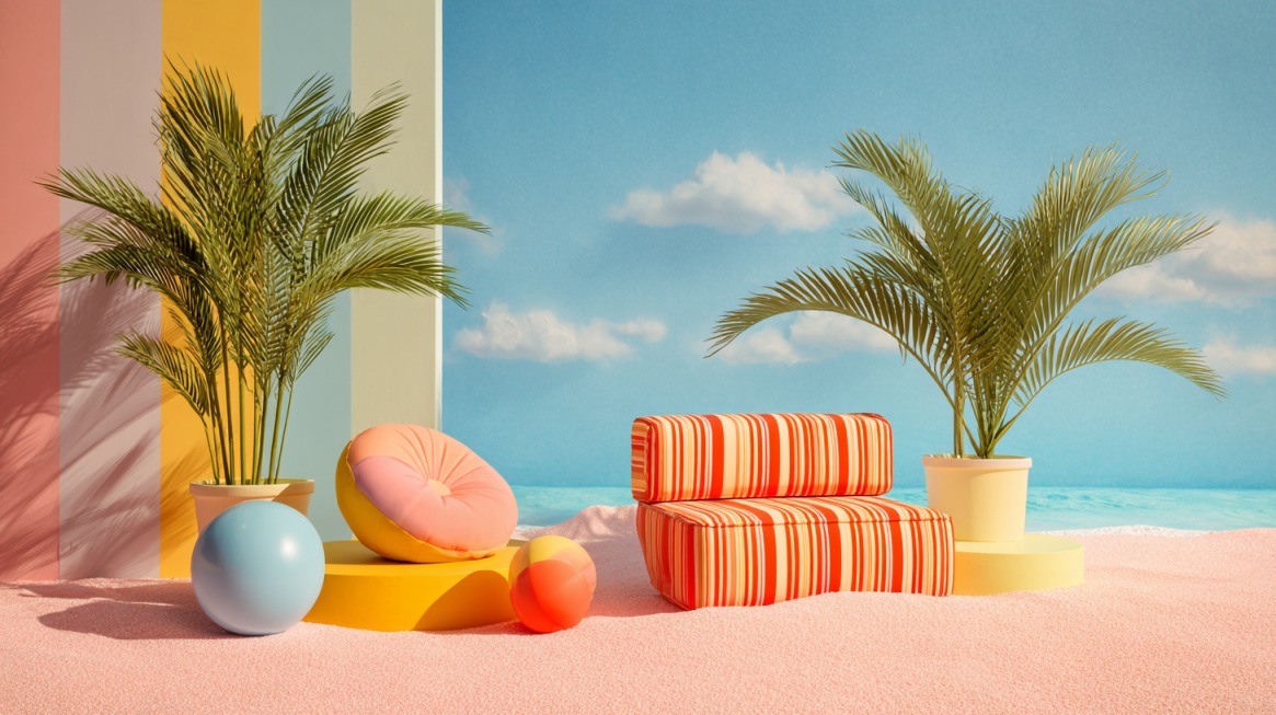 Tropical lifestyle background with palm plants, colorful props, and striped furniture styled in a beach setting for product photography