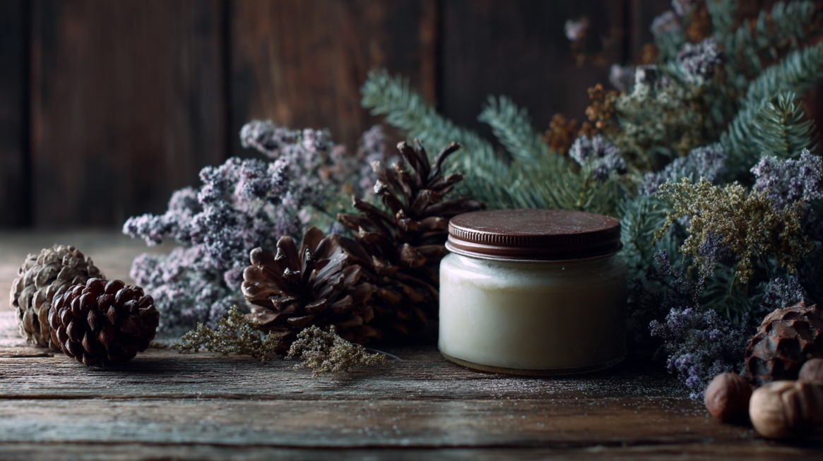 Natural background with pinecones, dried flowers, and rustic wood used as a backdrop for product photography
