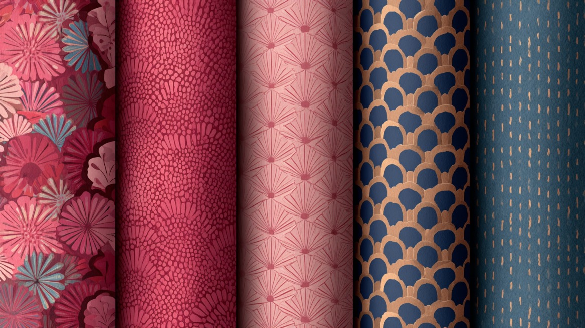 Various patterned backgrounds in red, pink, and blue with floral, geometric, and abstract designs for product photography