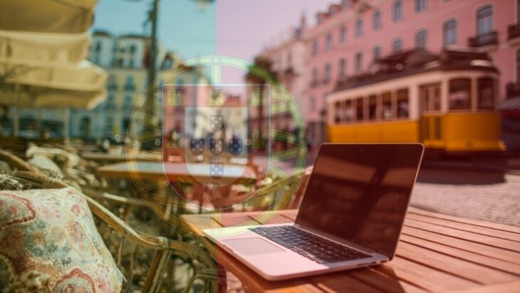 Freelancer working on a laptop at a Lisbon café, pastel buildings and a yellow tram in the background