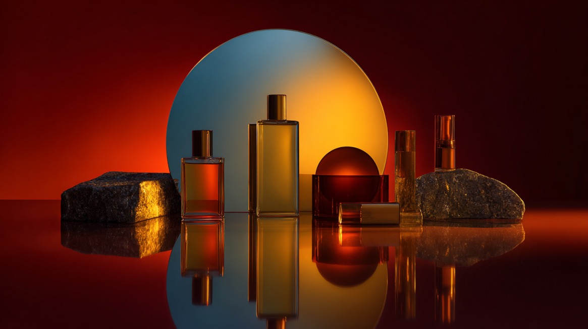 Reflective background with perfume bottles and glowing light effects, creating a dramatic mirrored effect for product photography