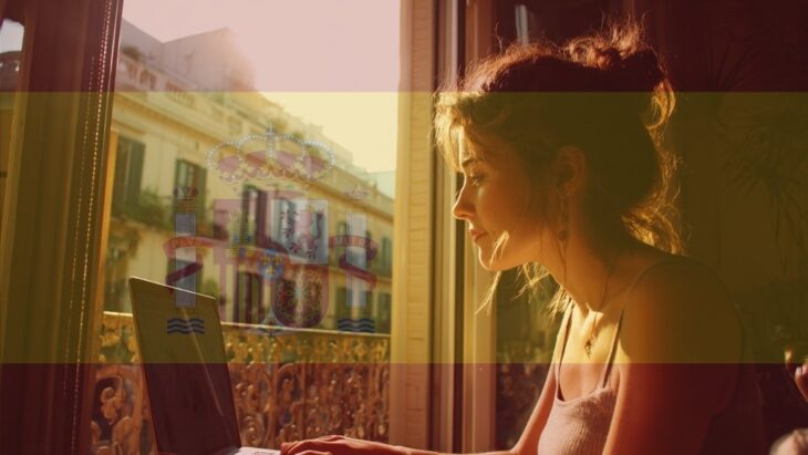 Female freelancer typing on a laptop by a window, Spanish architecture details and warm Mediterranean tones behind